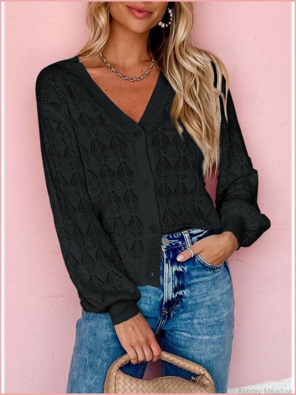 Crochet Knit V-Neck Cardigan Sweater Long Sleeve Button Front - Picture 3 of 7